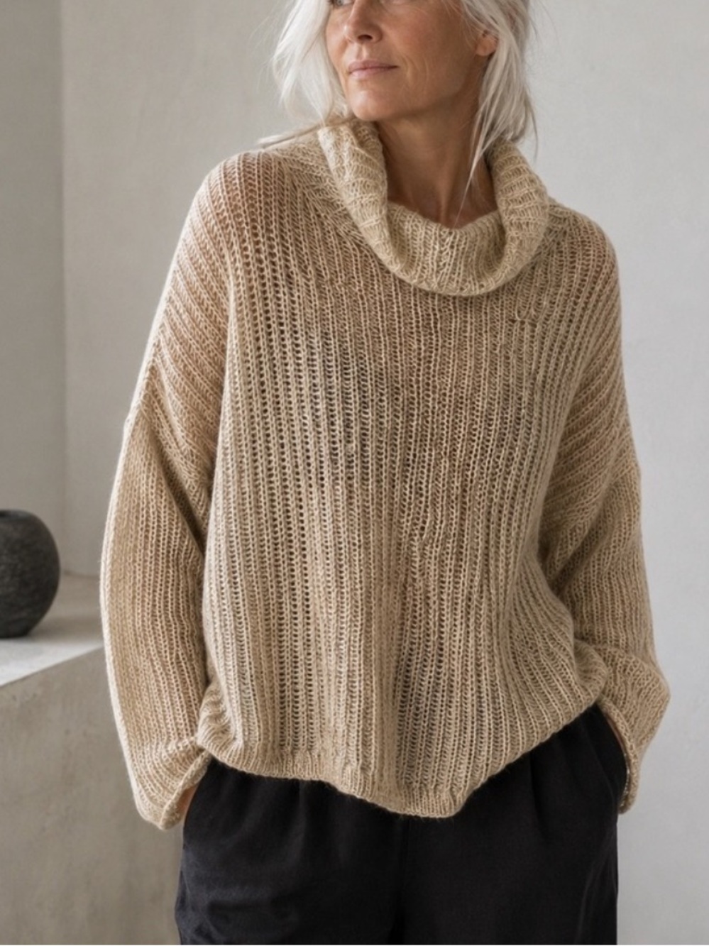 Eileen Fisher Mohair Knit Wide Mock Turtleneck Oversized Sweater Sz S Lagenlook